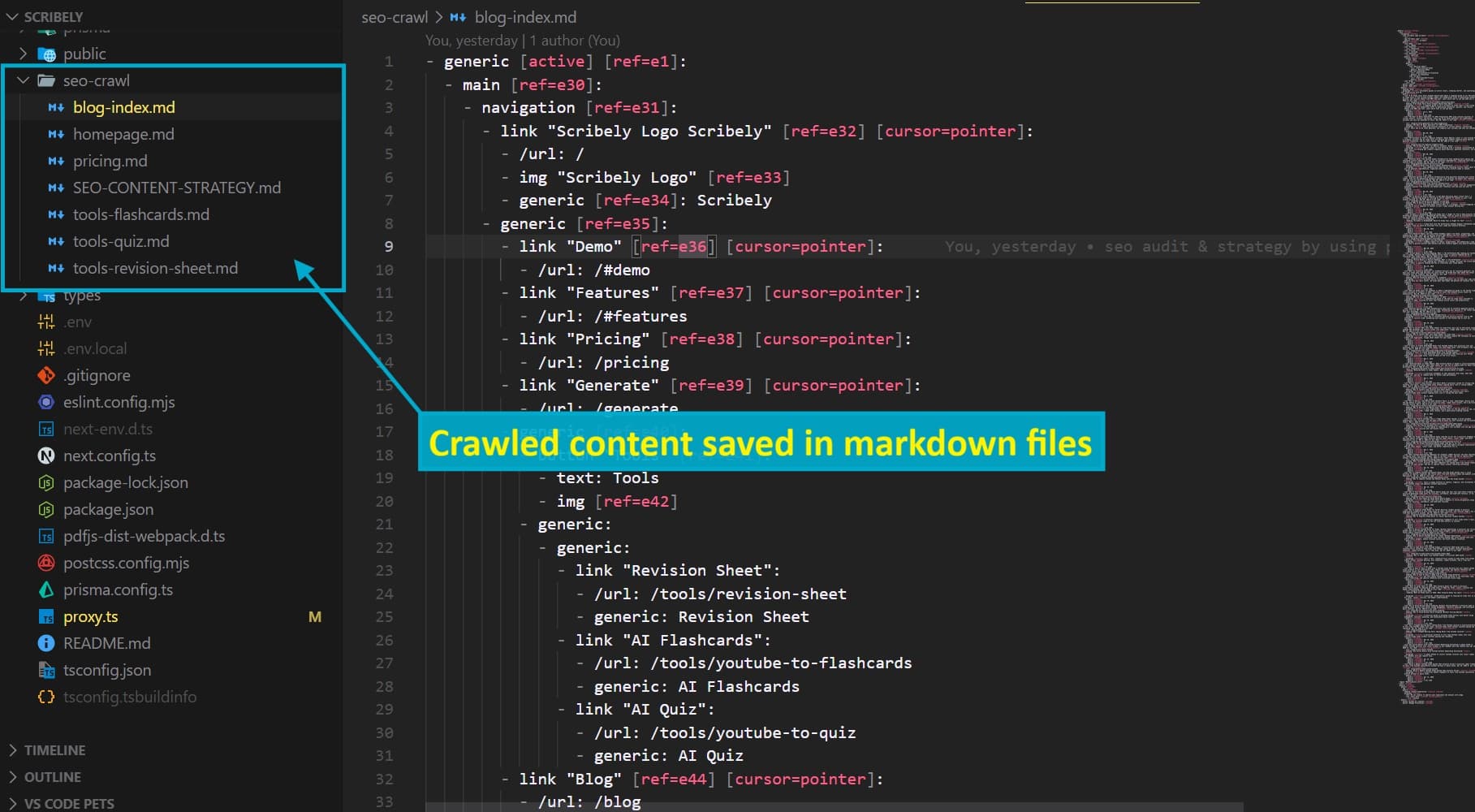 Crawled website content saved as structured markdown files in the seo-crawl folder