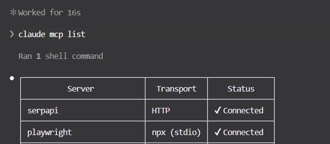 Both MCP servers — Playwright and SerpAPI — connected and ready inside Claude Code
